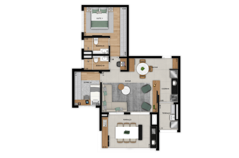 Opção 2 dorms. (1 suíte) com living ampliado - 94 m² - Final 6