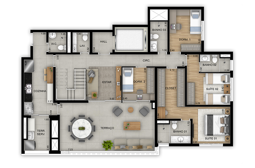 Duplex 4 dorms. (2 suítes)  - 261m² - Inferior - Torre 1 - Final 4
