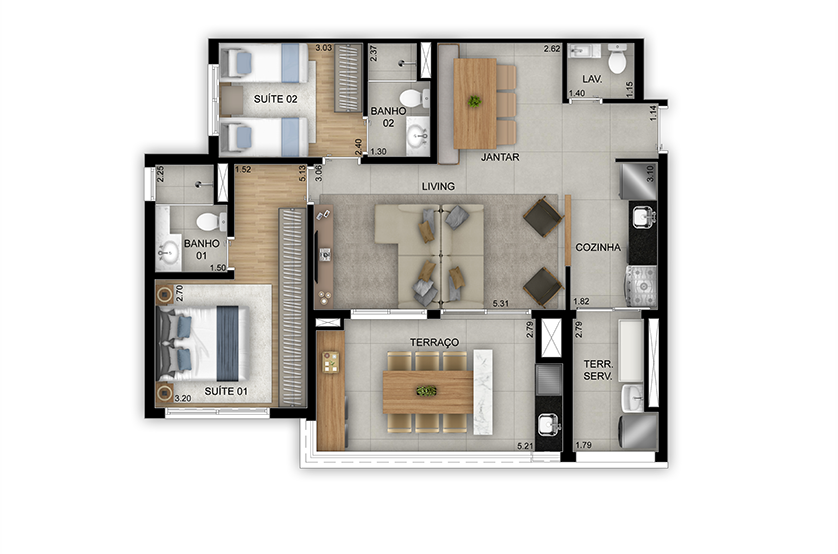 Opção 2 suítes com living ampliado - 90m² - Torre 2 - Final 3