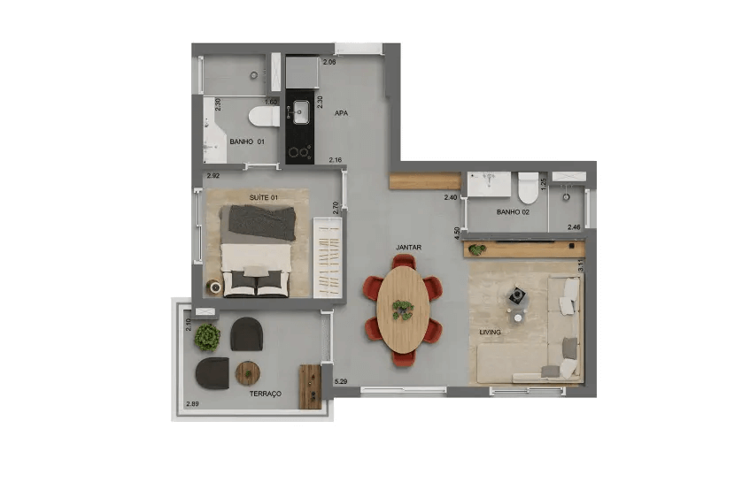 1 suíte opção com living ampliado • 54 m²