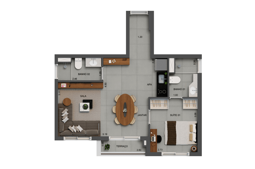 1 suíte opção com living ampliado • 49 m²
