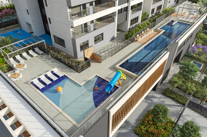 Piscina adulto com raia de 25m², solarium, piscina infantil e deck molhado (Perspectiva artística)