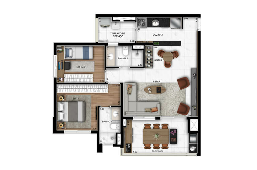 2 Dorms. (1 Suíte) - 83m² - Opção com living ampliado