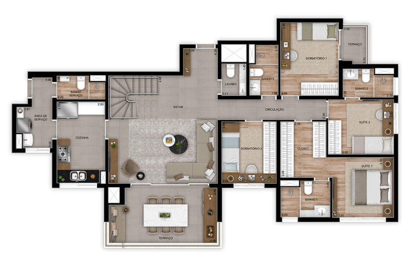 Duplex inferior - 4 Dorms. (2 Suítes) - 237m² - Torre 1 - Final 4