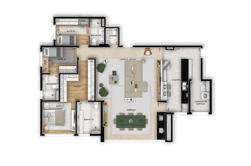 Opção 3 suítes com living integrado ao terraço - Torre 2 - Final 1