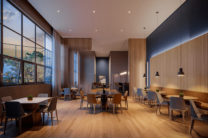 Salão de festas com pé-direito duplo e integração com espaço gourmet - Residencial | HIS - Térreo (perspectiva artística)