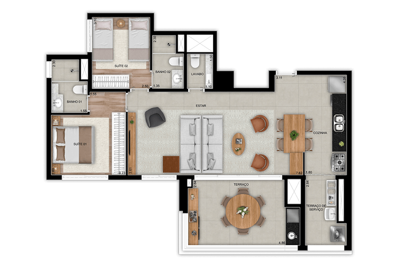 Opção 2 suítes com living ampliado e lavabo - 95m² - Final 2, Torre 1 (Perspectiva artística)