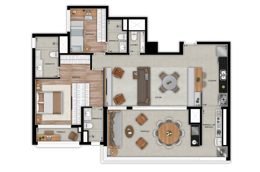 Opção 2 suítes com living ampliado e lavabo - 119m² - Final 1, Torre 1 (Perspectiva artística)