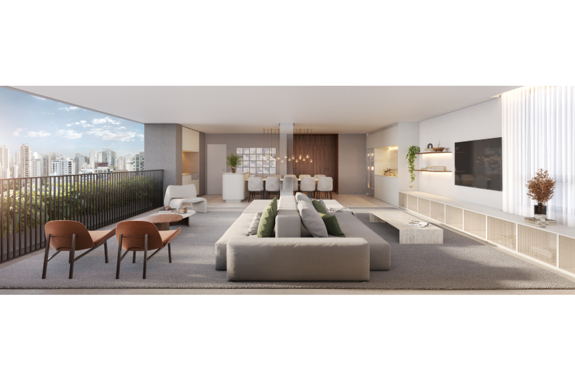 Living integrado com terraço e sala íntima do Apartamento 241m² - Torre 3 (perspectiva artística)