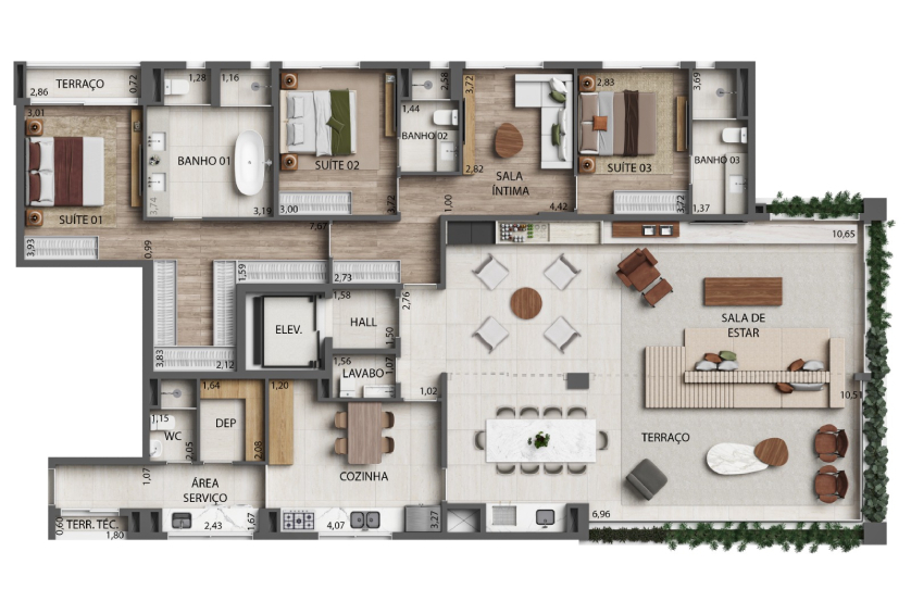 Planta Opção 3 Suítes Living integrado com o terraço e sala íntima - 241m² - Final 2 - Torre 3 (Perspectiva artística)