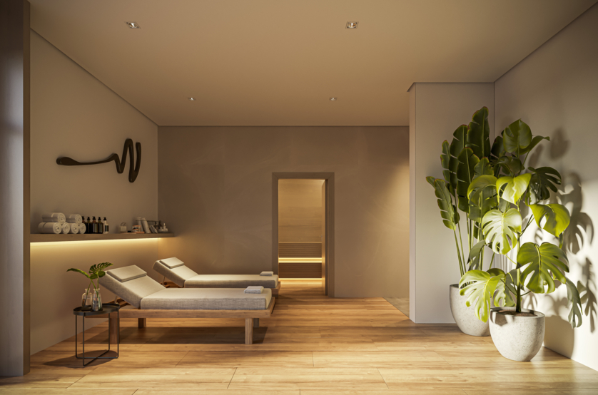 Descanso da sauna com ducha - Área exclusiva do residencial (Perspectiva artística)
