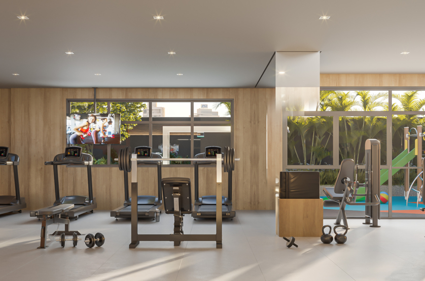 Fitness com 102m² - Área exclusiva do residencial (Perspectiva artística)