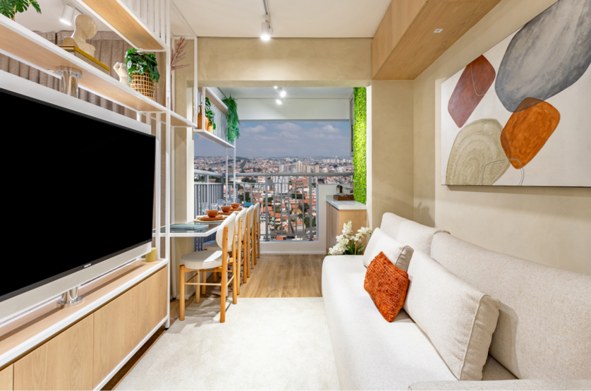 Living do apartamento de 32m² (Foto do decorado)